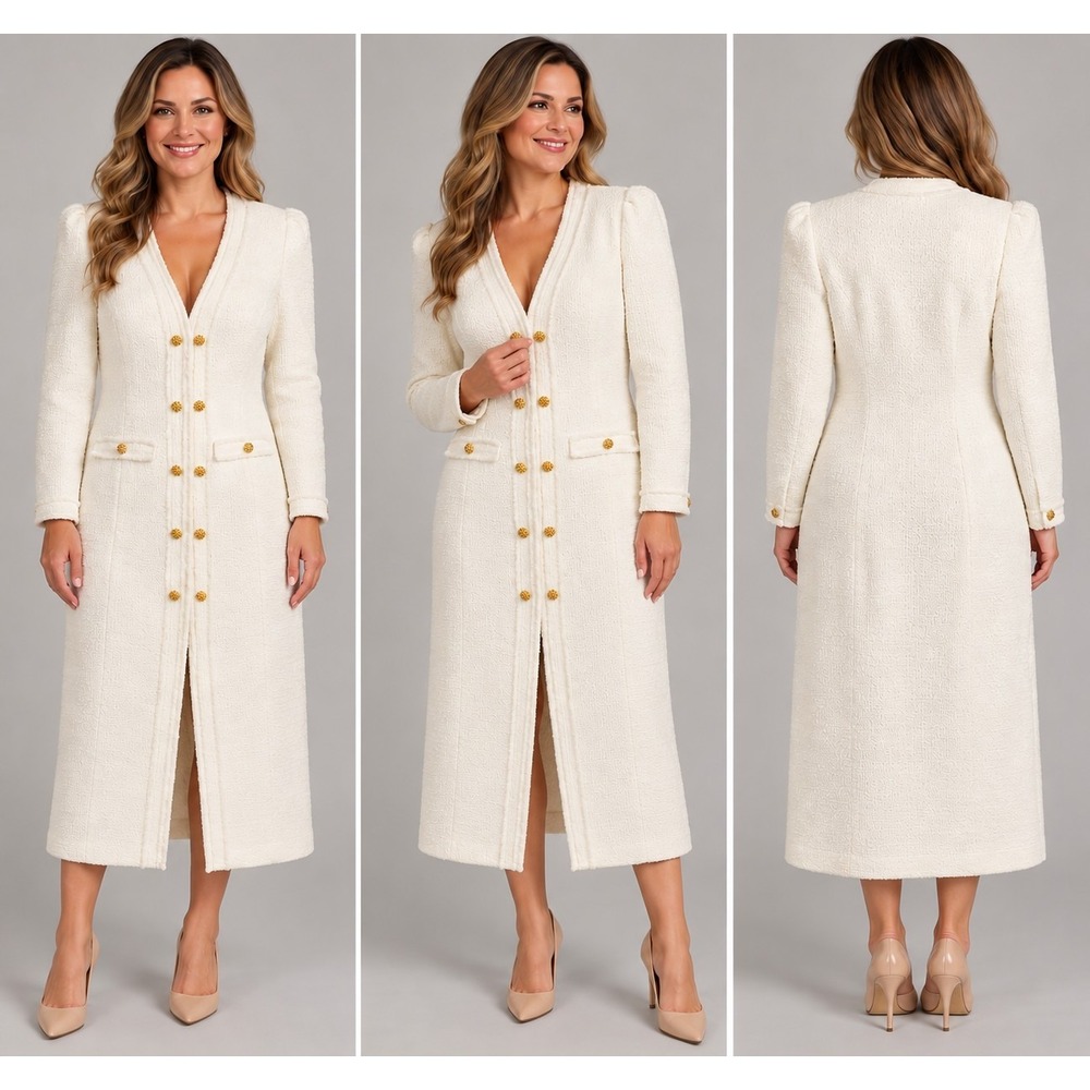 ZARA White V-neck Tweed midi dress puff shoulders Bloggers XS Evening Formal
